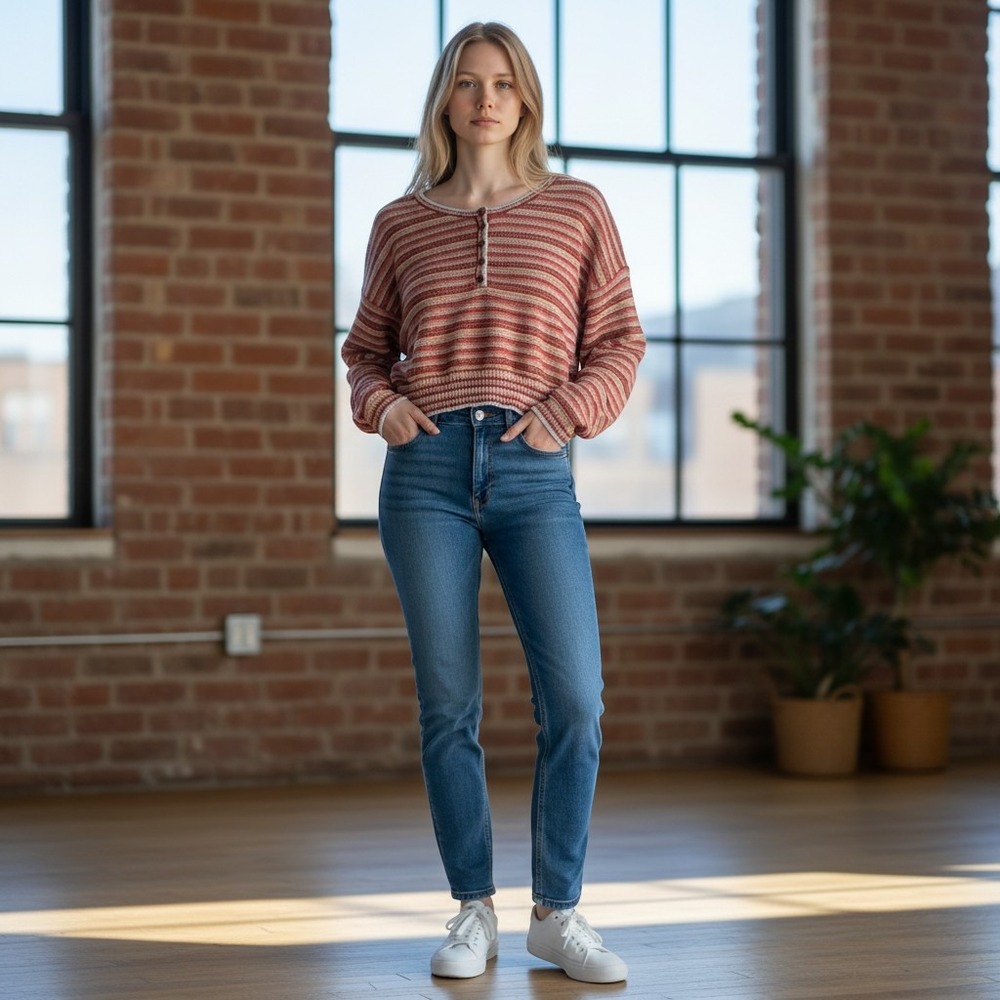 Lush Red and Cream Striped Knit Henley Sweater